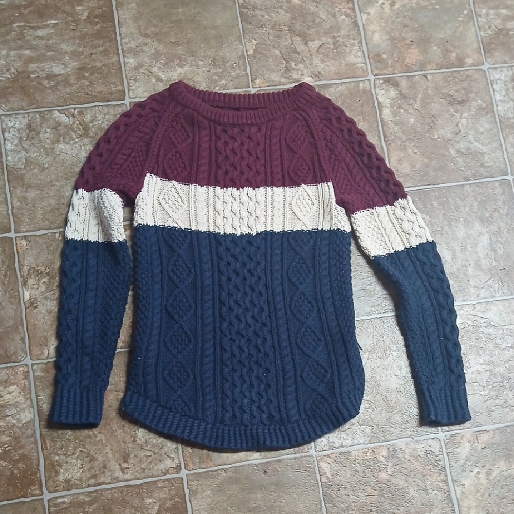 GUC Bean Signature Colorblock Cable Knit Sweater Burgundy, Cream & Navy Blue XXS